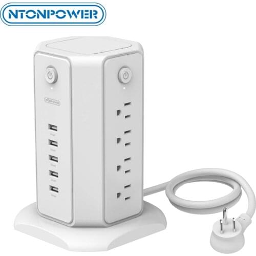 NTONPOWER Surge Protector Flat US Plug Power Strip Tower 8AC 5USB Desktop Charging Station 1.8m Extension Cord for Home Office