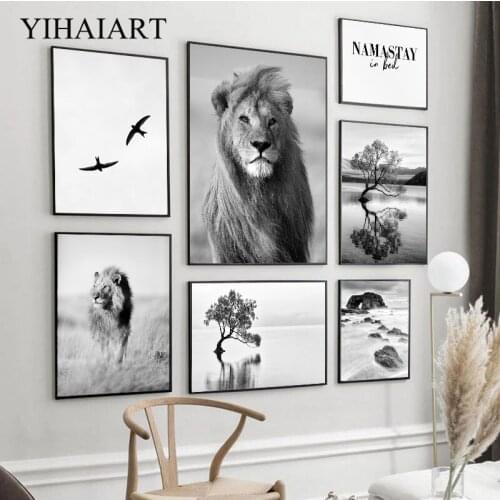 Scandinavian Black White Lion Tree Wall Art Poster Nature Landscape Canvas Painting Nordic Print Modern Picture Home Decoration