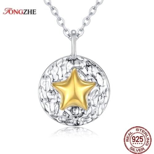 TONGZHE Star Design 100% 925 Sterling Silver Pendant Necklaces Gold Color Ripple Round Charm Fine Jewelry for Women Best Friend