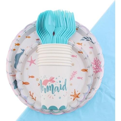Mermaid Theme Party Tableware Birthday Party Decorations Kidsbirthday Decoration Baby Shower Disposable Tableware Party Supplies