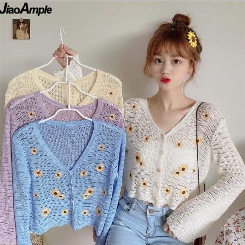 Spring Autumn Korean Sweet V-neck Thin Sweater Shirt Women 2020 Girls New Fashion Joker Embroidery Floral Tops Womans Cardigans