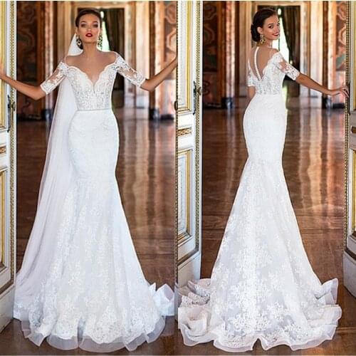 2021 Sexy V-neck Applique Lace Mermaid Wedding Dresses Half Sleeves Crystal Sashes Bride Dress robe de mariee