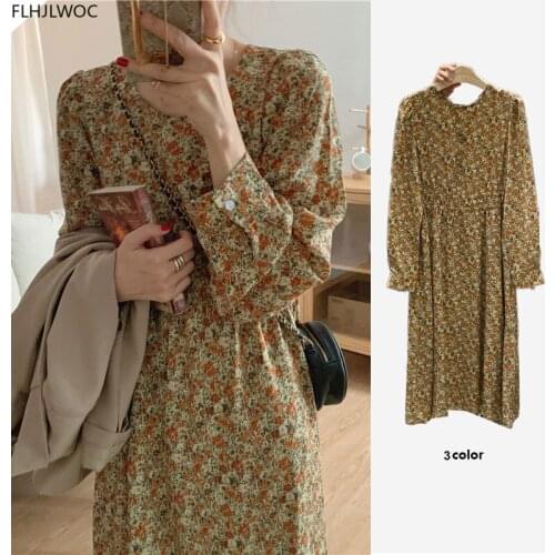 2021 New Spring Design Women Korean Japan Style O Neck A Line Floral Printed Retro Vintage Chic Long Dress N566