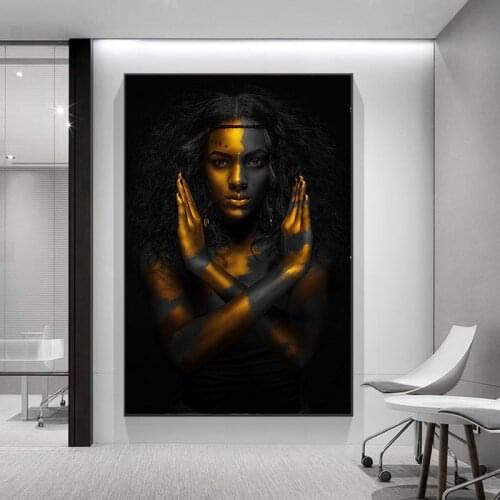 Gold Black Woman Canvas Painting African Art Woman Posters Modern Paintings for Living Room Wall Pictures Home Decoration Cuadro
