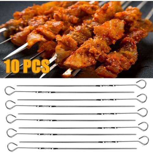10PCS/Set Stainless Steel BBQ Utensil Skewers Barbecue Flat Grilling Kabob Needle Kabob Sticks