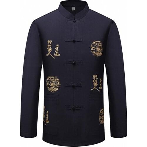 2021 Traditional Chinese Clothes for Men Long Sleeve Dragon Shirt Hanfu Chinese Tang Suit Men Kung Fu Top Tai Chi Tops