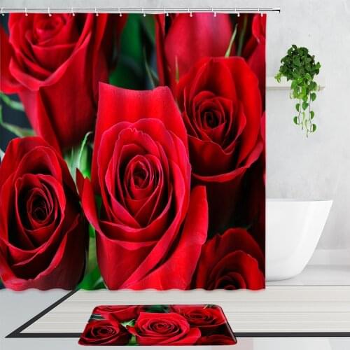 3D Red Rose Shower Curtains Romantic Valentines Day Decoration Gift Bathroom Curtain Set Anti-Slip Bath Mats Carpet Home Decor