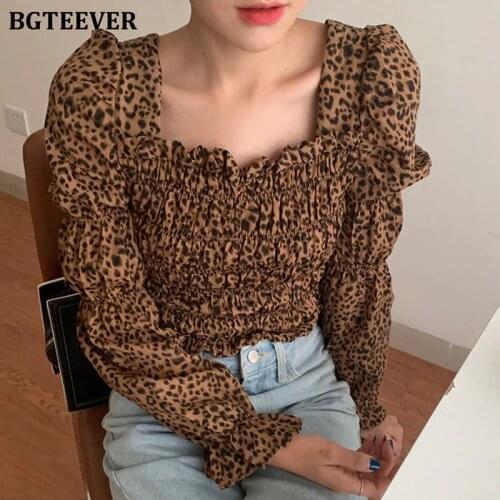 BGTEEVER Sexy Leopard Square Collar Women Shirts Blouses Full Sleeve Slim Elegant Fashion Female Tops Blusas 2020 Autumn New
