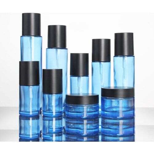Black Lid Blue Glass Bottle Cosmetic Containers Bottle Spray Lotion Pump Essence Bottle Skin Care Empty Jar 30g 50g 120ml 60ml