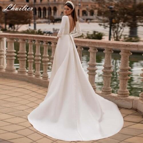 Lhuilier Elegant A-line Satin Wedding Dresses 2020 Full Sleeves Floor Length SheerBack Court Train Bridal Dress with Belt