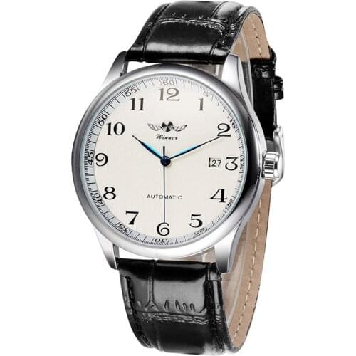 GORBEN Mens Automatic Mechanical Watch Day Calendar Leather Band Arabic Numerals