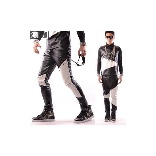 Mens pants stage personality Black white pant men pu leather trousers splice rivet singer fashion street star style