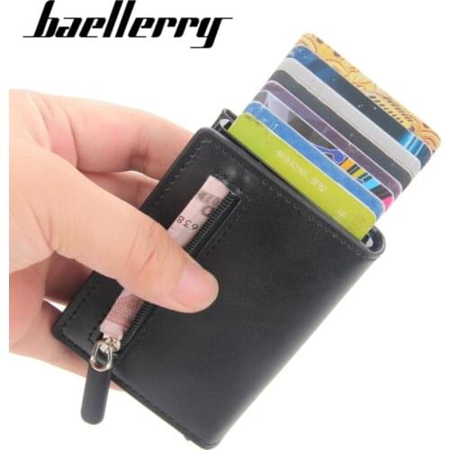 Baellerry Soft Leather Card Holder for Male Aluminum Alloy Card Box Automatic Elastic Coin Purses with Zipper tarjetero hombre