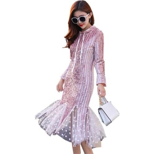New Autumn Winter Chic Women Midi-Long Mermaid Dress Long Sleeve Thick Gold Velvet Dress Elegant Dresses Club Vestidos WZ140