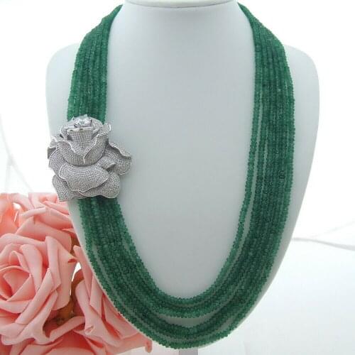 Charming 6strands 2x4mm green stone necklace micro inlay zircon buckle flower accessories necklace long 61-68 cm