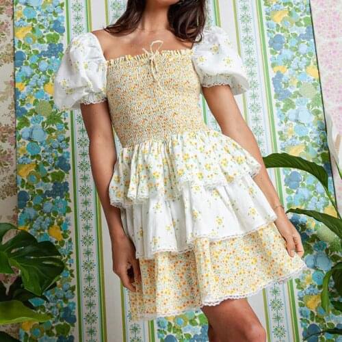 2021 Autumn Slim Holiday Floral Woman Chic Floral Print Women Dress Ditsy Flora Cascading Mini Dress In Marigold