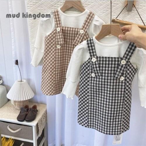 Mudkingdom Girls Sweater Strap Dress Set Plaid Button Dresses Solid Slim Long Puff Sleeve Tops for Kids Cute Spring Outfits