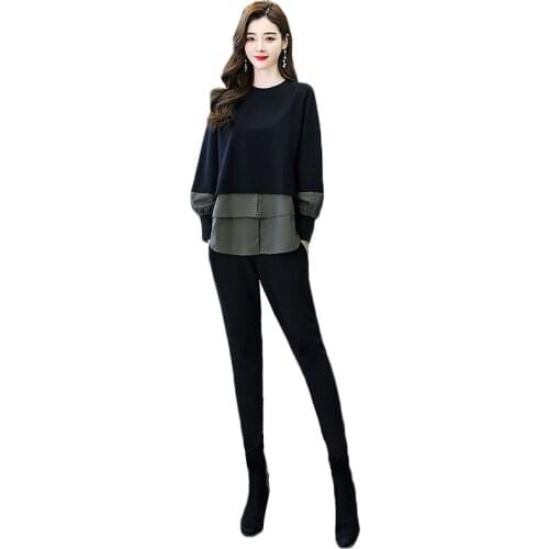 Casual Pants Suit For Women 2021 Spring Autumn New Korean Loose Patchwork Tops + Lengh Pants Two Piece Suit Plus Size 3XL Q07