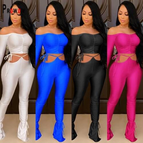 Prowow Plus Size Sexy Two Piece Women Matching Set Long Sleeve Shirt Bandage Stacked Pants Spring Fall Woman Night Club Outfits