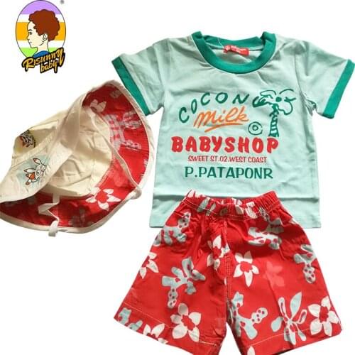 Risunnybaby ChildrenS Clothing Cotton ChildrenS Suit Printed T-Shirt Plus Color Shorts Plus Hat Three-Piece Suit Summer