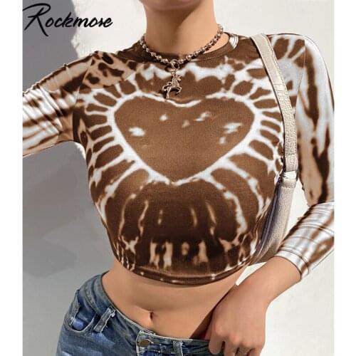 Rockmore Y2k Aesthetic Tie Dye Heart Printed Crop Tops Women Clothes Casual Three Quarter Sleeve Tshirt Korean Harajuku Tee 2021