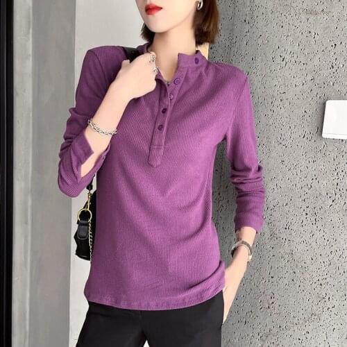 Viscose Solid Buttons Women Shirts Long Sleeve Mandarin Collar Autumn 2021 Female Stripe High Quality Leisure Office Ladies Tops