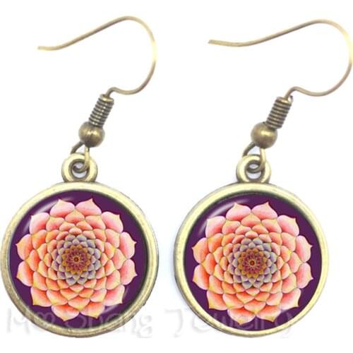 Flower Of Life Tibetan Om Mandala Earrings Gray Om Jewelry Vintage Buddhism Meditation Jewelry Glass Dome Earrings For Women