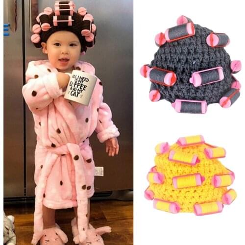 Adult Kids Baby Knitted Hair Roller Curlers Wig Hat Funny Movie Style Housewife Landlady Cosplay Costume Elastic Head Cover Cap