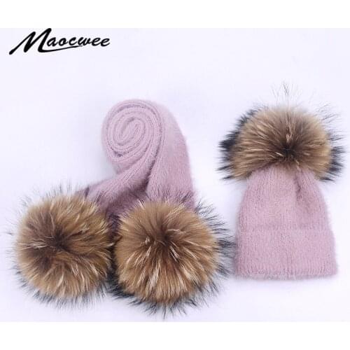 Parent-Child Hat And Scarf Set Solid Winter Skullies Beanies With Real Fur Pompom High Quality Wool Knitted Hat Caps Children