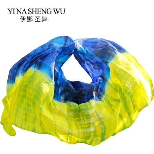 100% Silk Belly Dance Veil Dance Props Shawl Scarf Blue+Yellow Tie-dye Belly Dance Practice Performance Silk Veil 250/270*114 cm
