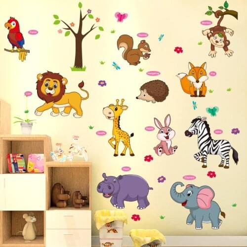 [SHIJUEHEZI] Cartoon Animals Wall Stickers DIY Lion Monkey Fox Mural Decals for Kids Room Baby Bedroom Home Decoration