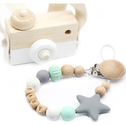 Personalized Name Silicone and Wood Pacifier Clips, Pacifier Chain for Nipples, Baby Shower Gift, Kids Teething Toy