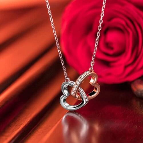 Cute Female Crystal Heart Pendant Necklace 925 Sterling Silver Rose Gold Chain Necklaces For Women Vintage Wedding Necklace