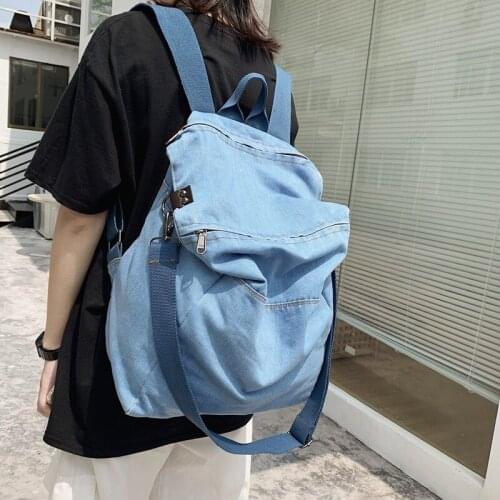 Ladies denim solid color simple one shoulder messenger bag large capacity college style student school bag Boston bag