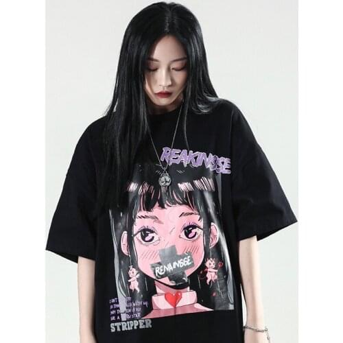 Women Cotton T-Shirt Harajuku Anime Cartoon Print Y2K Top Vintage Korean Summer Oversize Black Short Sleeve Dropshipping Clothes