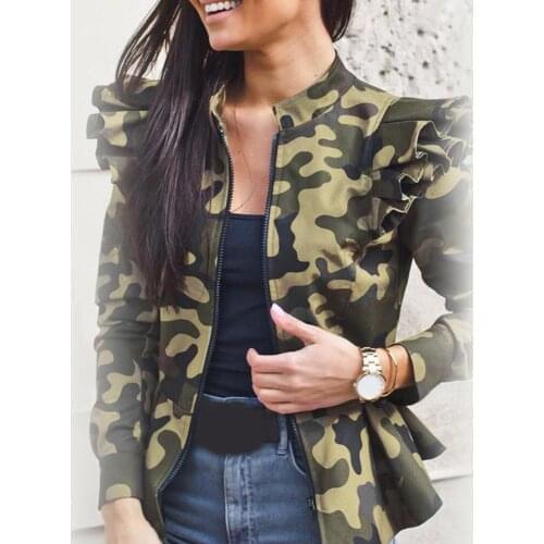 Women Stylish Long Sleeve Leopard Camouflage Zip Ruffled Hem Slim Jacket Coat Women Stylis Leopard Zip Ruffled Hem Jacket Coat