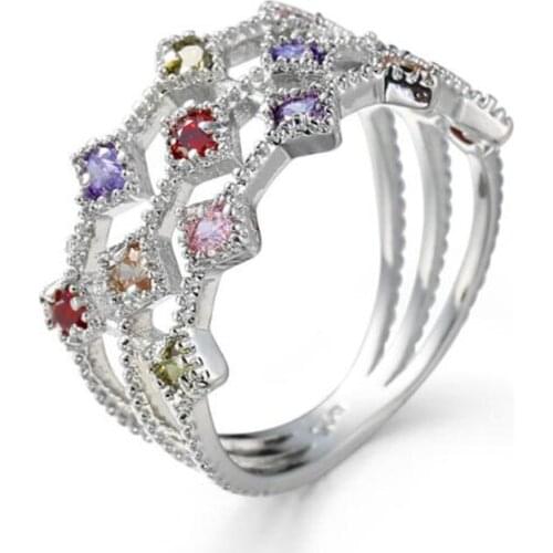 Colorful CZ Cubic Zirconia Ring Silver Color Sparkling Wedding Engagement Rings For Women Jewelry Christmas Gift Size 6 7 8 9 10