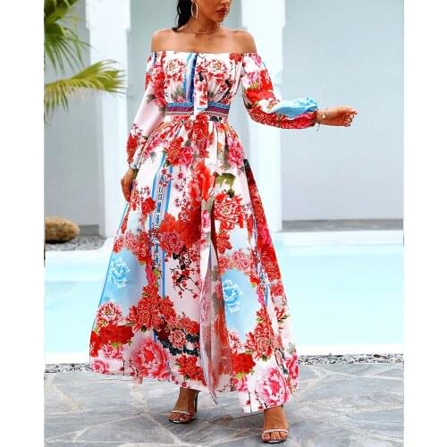 Summer Dress Women Elegant Sexy Strapless Off Shoulder Print Ball Gown Maxi Dress Casual Plus Size Slim Long Split Party Vestido