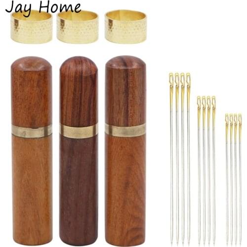 2PCS Wooden Needle Case with 24pcs Embroidery Sewing Needles and 2 Copper Thimble Sewing Needles Set for Stitching Sewing Craft