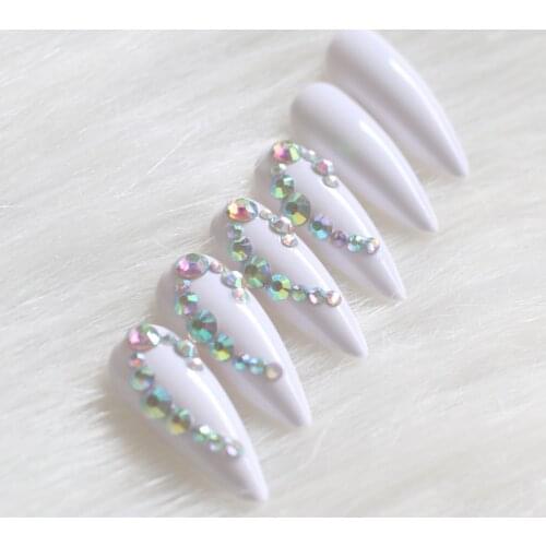 24pcs high-end fashion handmade crystal diamond long pointed fake nails sexy white