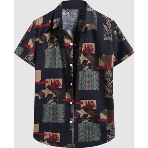 60# Plus Size Camisas Hombre Mens Casual Hawaiian Bohemian Fashion Print Shirt Short Sleeve Turn-down Collar Shirt Streetwear