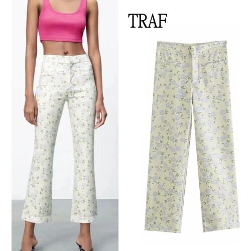 TRAF Za 2021 Women Pants Summer Print High Waist Zipper Speaker Pants Vintage Fashion Trousers High Street Pocket Woman Pants
