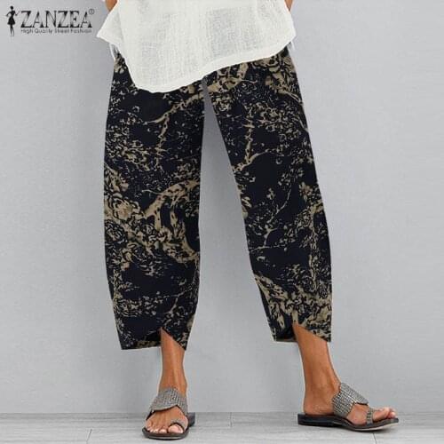 ZANZEA Women Cotton Linen Pants Summer Vintage Floral Printed Trousers Turnip Casual Elastic Waist Loose Pantalon
