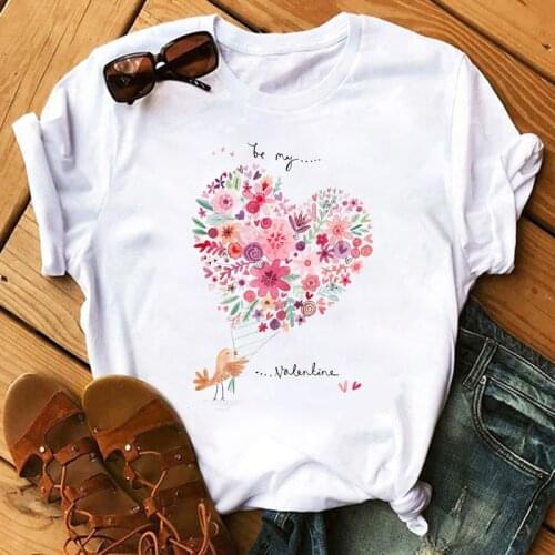 FIXSYS T Shirt Women Summer Casual Heart Print Tshirts Tees Harajuku Korean Style Graphic Tops New Kawaii Female T-shirt