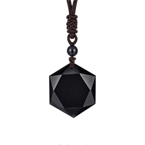 FYJS Unique Jewelry Handmade Rope Chain Hexagon Star of David Pendant Black Agates Necklace