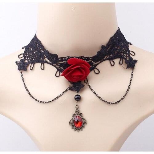 JINGLANG Lace Rope Chain Flower Chokers Necklace Dangle Red Crystal Charms Multilayer Statement Necklaces For Women Jewelry