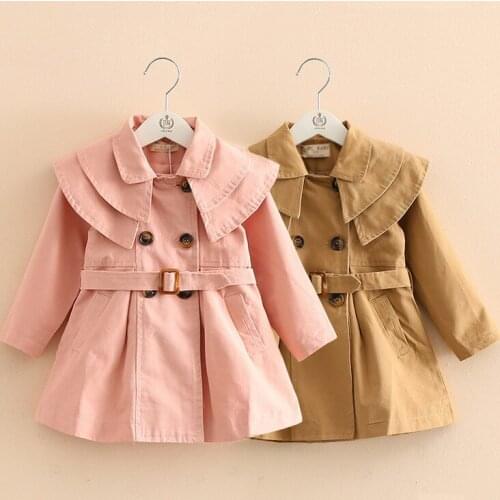 2021 Fashion Kids Baby Girls Autumn Trench Coats Layered Collar Double Button Solid Color Long Jacket Outwear With Belt