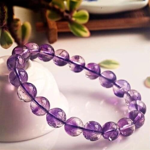 9.5mm Genuine Natural Purple Super 7 Seven Rutilated Quartz Bracelet Woman Men Clear Round Beads Super Seven 7 AAAAAA
