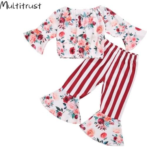 Toddler Girl Clothes 2020 Autumn Long SleeveTrousers Suit Fresh Floral Boat Neck T-shirt and Elastic Stripe Long Trumpet Pants