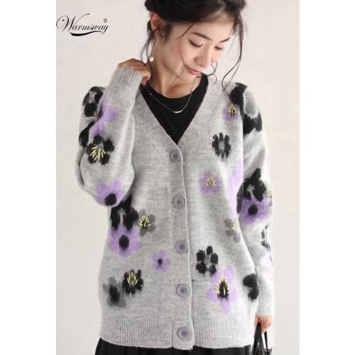 Autumn WinterHigh Quality Fashion Loose Floral V-Neck Cardigan Long Sleeve Single Breasted Button Knitted Sweaters C-199